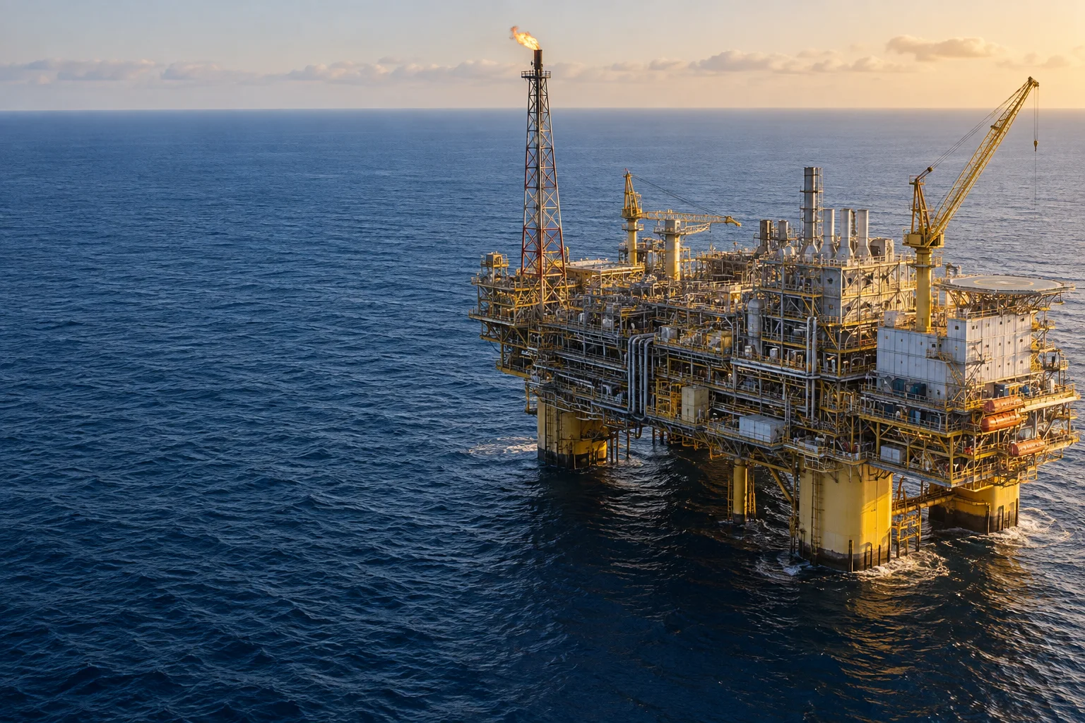 An illustrative offshore energy platform surrounded by blue ocean