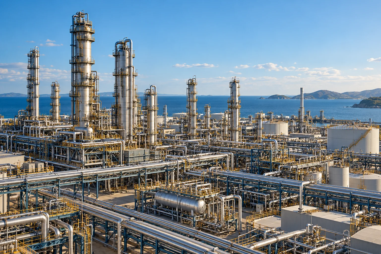 Modern refinery process towers and pipework beneath a blue sky, an illustrative generated scene